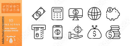 Banking set icon. Card, credit card, debit, contactless payment, deposit, ATM, wallet, cashback, check, report, calculator. Money concept. Vector editable set icon on a white background