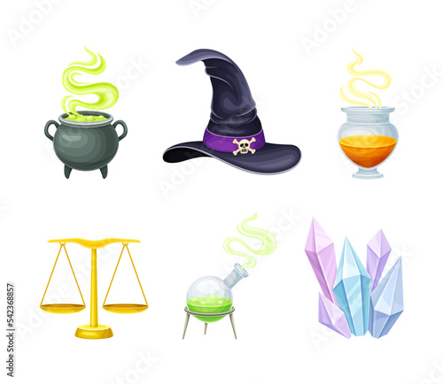 Magic objects set. Witch hat, cauldron with bubbling potion, scales vector illustration