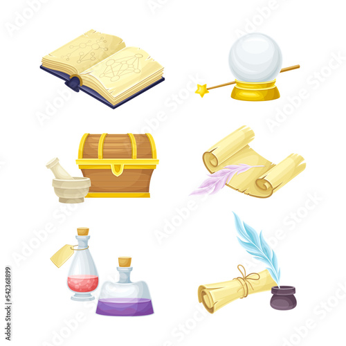 Magic objects set. Book, glass ball, bottles of potion, chest, paper scroll vector illustration