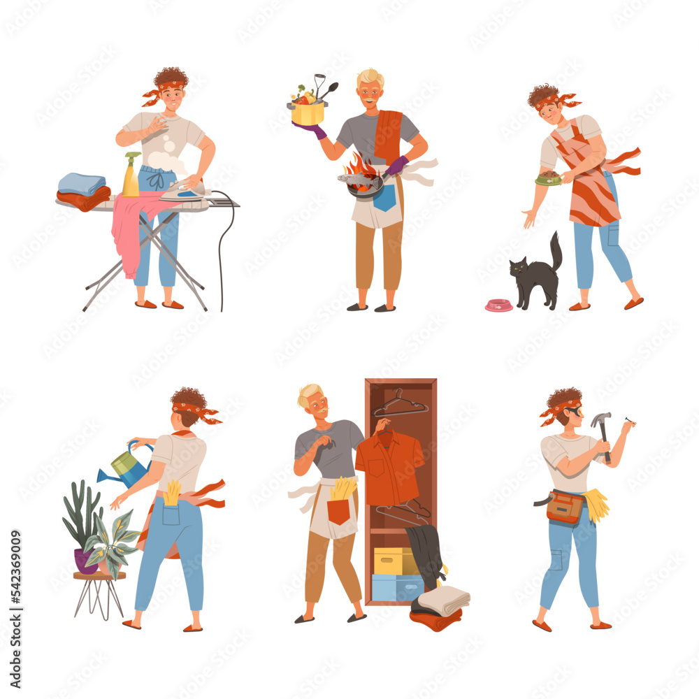 Househusband doing daily routine set. Man ironing clothes, cooking, watering houseplants, feeding pet animal vector illustration