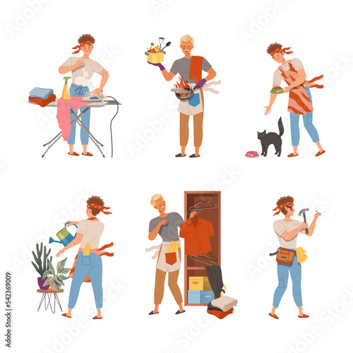 Househusband doing daily routine set. Man ironing clothes, cooking, watering houseplants, feeding pet animal vector illustration