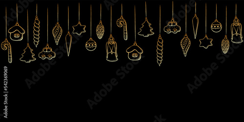 Vector Christmas and New Year background with Hanging outline toys, balls, decorations for xmas tree, in doodle style