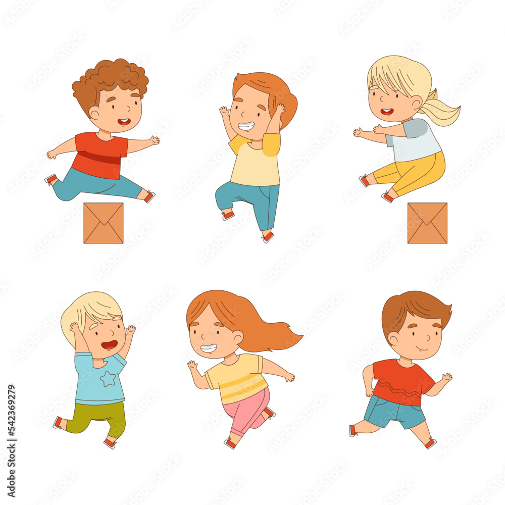 Cute happy little boys and girls running and jumping set cartoon vector illustration Cute happy little boys and girls running and jumping set cartoon vector illustration