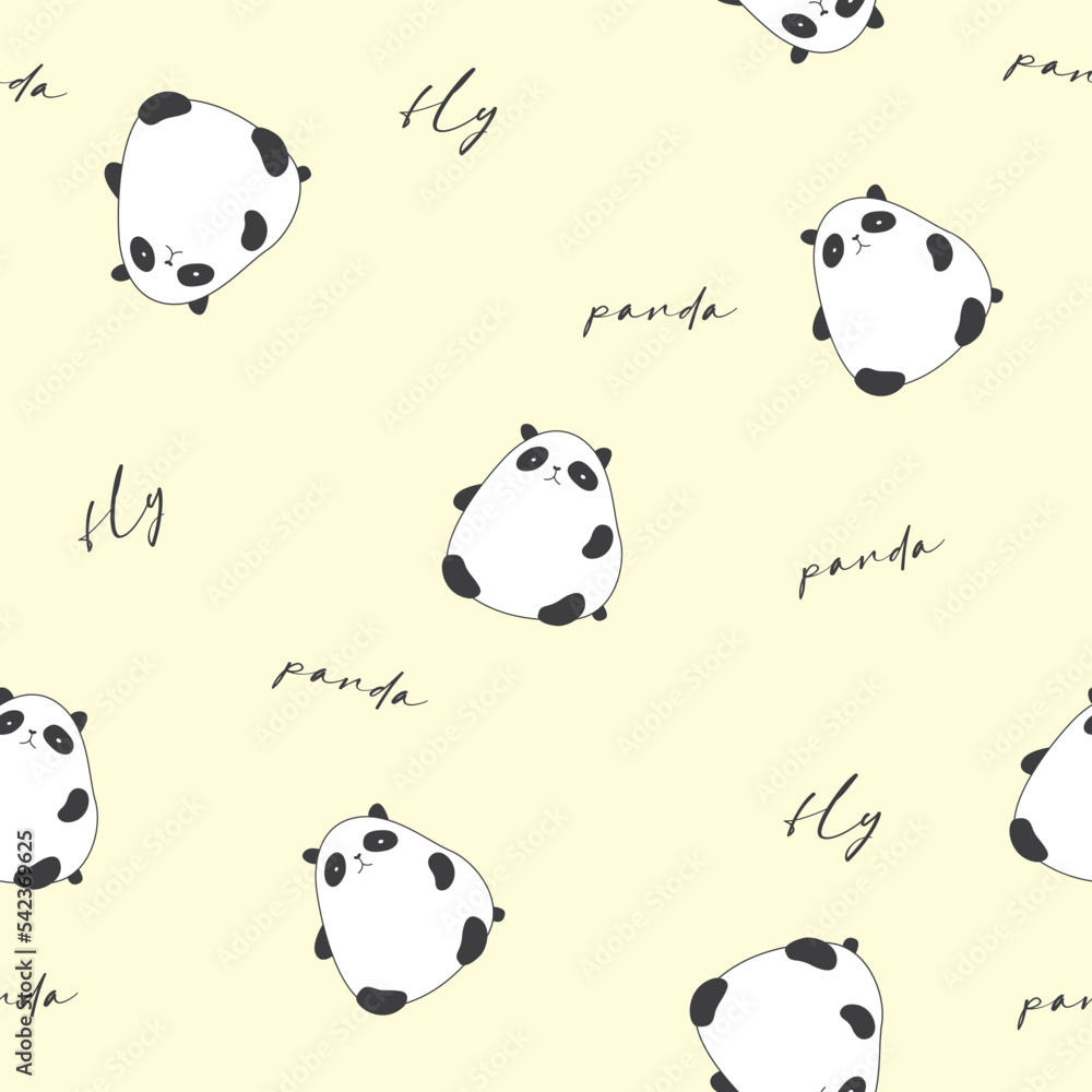 Vector hand-drawn cute pandas. Pandas are flying. Hand lettering panda, fly. Cute design. Seamless pattern. Seamless wallpaper. On a yellow background Vector hand-drawn cute pandas. Pandas are flying. Hand lettering panda, fly. Cute design. Seamless pattern. Seamless wallpaper. On a yellow background