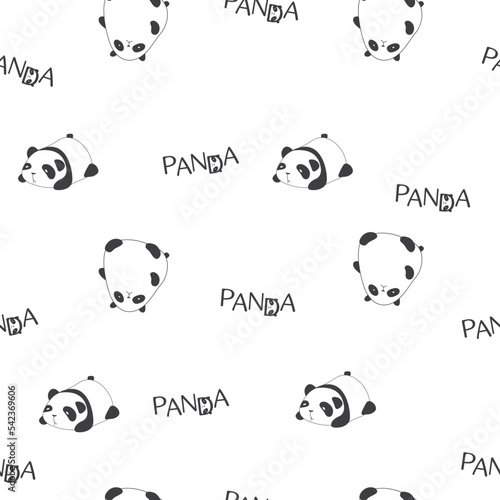 Vector. Hand-drawn pattern with pandas. Hand lettering panda. Seamless wallpaper. Children's design. Kawaii animals.  © YUSI_DESIGN