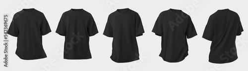 Set Mockup of a black oversized t-shirt 3D rendering, with a round neck, universal clothing for women, men, isolated on background.
