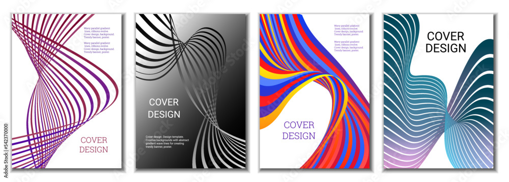 A set of 4 abstract covers. Wavy parallel gradient lines, ribbons evolve. Cover design, background. Trendy banner, poster. A set of 4 abstract covers. Wavy parallel gradient lines, ribbons evolve. Cover design, background. Trendy banner, poster.