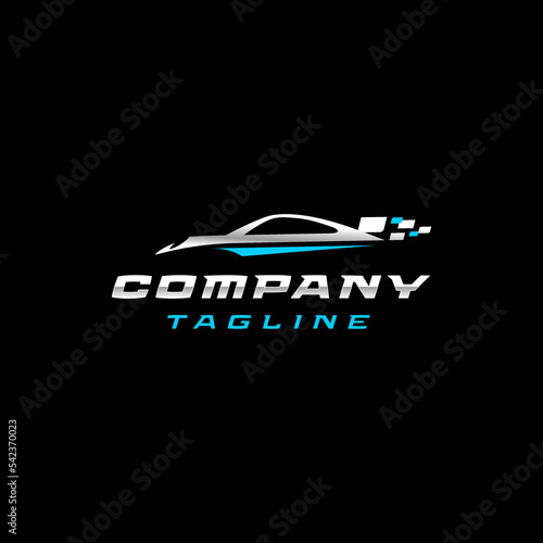 Car Silhouette with Digital Accent Logo Design. Sports Car Silhouette With Pixelate Racing Flag.