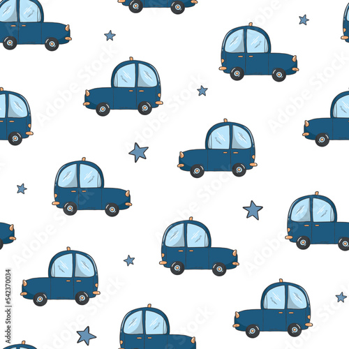 Billede på lærred nursery seamless pattern with cars, london taxi cabs and stars