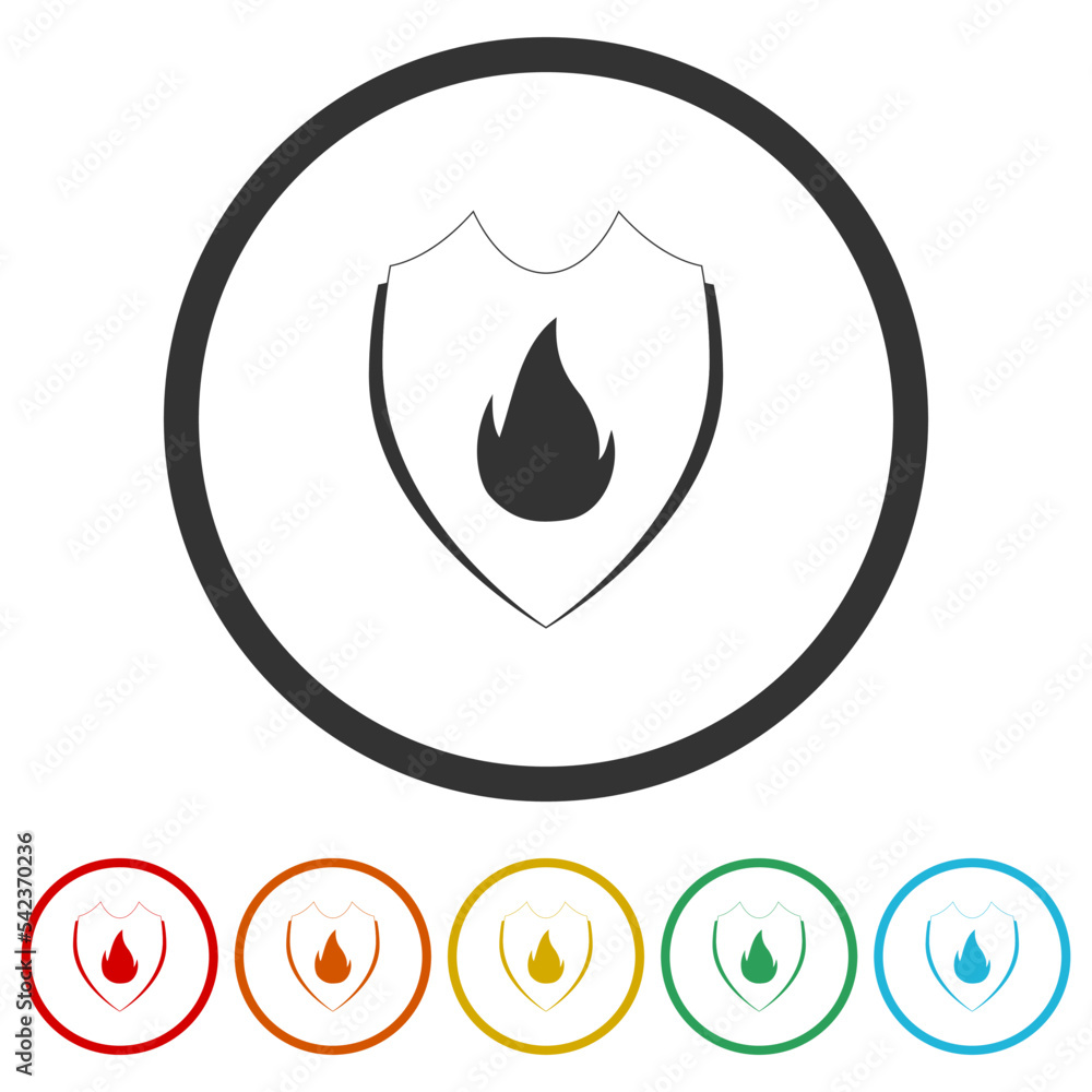Fire protection shield icon. Set icons in color circle buttons Fire protection shield icon. Set icons in color circle buttons