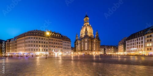 Germany, Saxony, Dresden,Neumarktsquare at dusk with historicFrauenkirchechurch in background