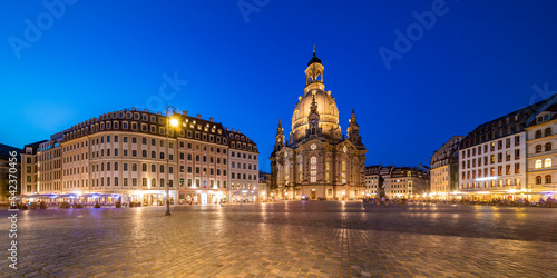 Germany, Saxony, Dresden,Neumarktsquare at dusk with historicFrauenkirchechurch in background photo
