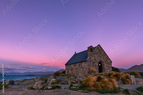 New Zealand, Canterbury Region, Lake Tekapo,Church of Good Shepherd at purple dusk photo