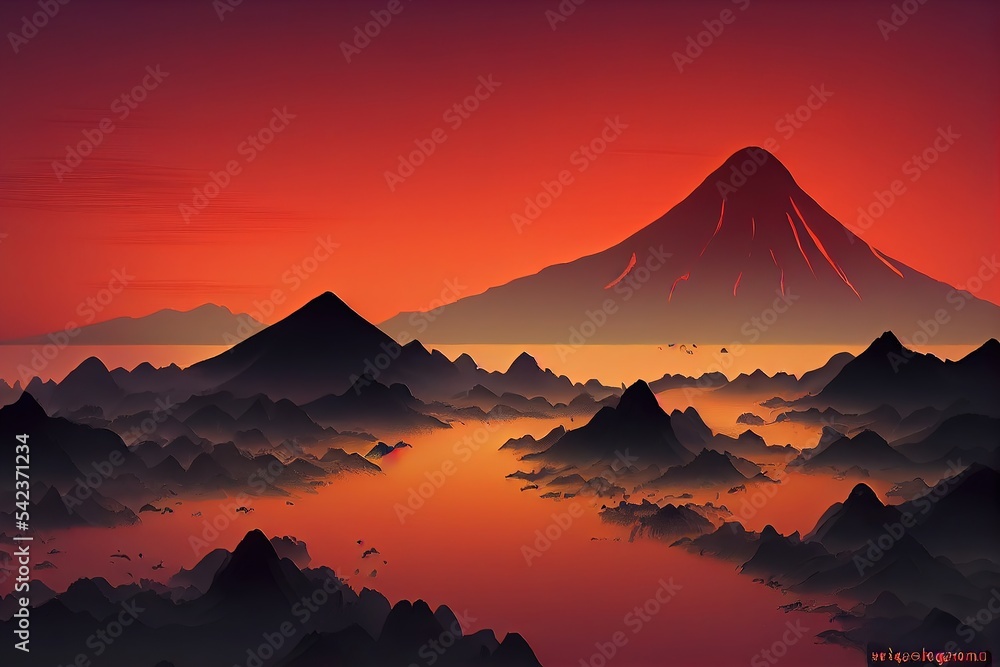 Structural pattern in Chinese style. Which depicts a volcano at sunset. The background of the image is orange. There is a mountain range near the volcano. 3d illustration