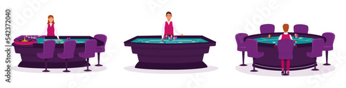 Croupier in a casino for different types of gambling vector set. Tables for poker, craps and roulette. Casino, gaming house flat illustration. Casino interior decor. Gambling industry. For design