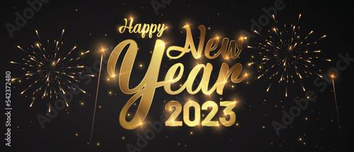 Happy New Year of glitter gold fireworks. Vector golden glittering text and 2023 numbers with sparkle shine for holiday greeting card.