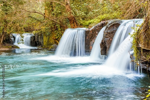 Scenic waterfall surrounded by greenery and woods