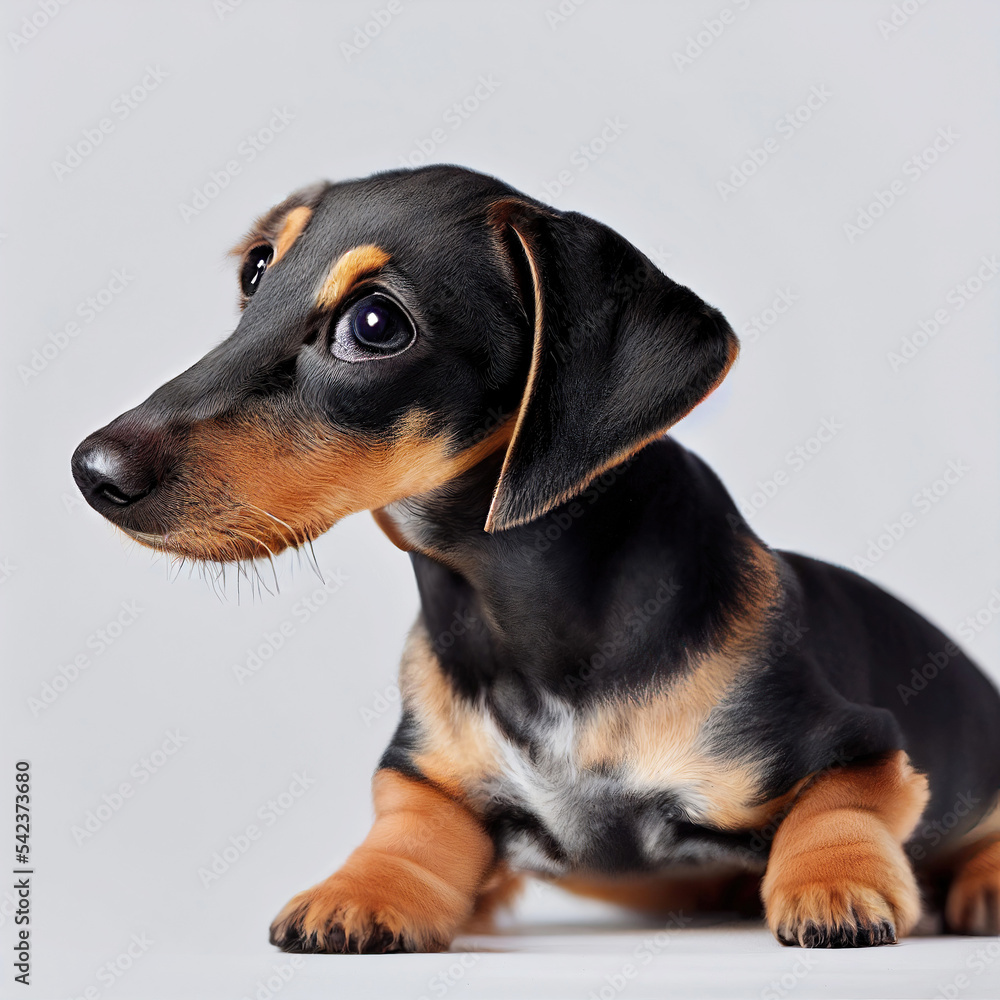 Portrait of cute baby dachshound puppy dog in studio