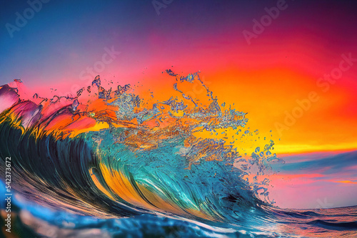 Foto Ocean wave splashing in sea with colorful sunset in sky