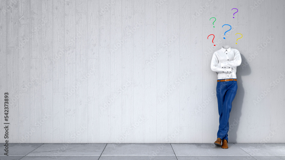 Colorful question marks over invisible person leaning on wall Colorful question marks over invisible person leaning on wall