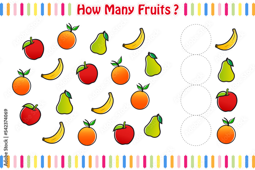 Counting game with cute Fruits Mascots, Fruits Game math worksheet ...