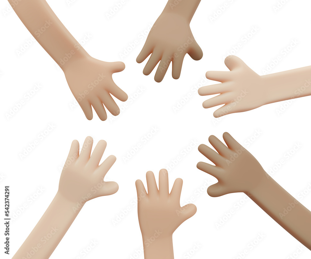 3D Rendering of top view of team people putting hands stack together concept of unity and teamwork. 3D Render illustration cartoon style. 3D Rendering of top view of team people putting hands stack together concept of unity and teamwork. 3D Render illustration cartoon style.