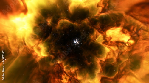 Cosmic nebula in space among stars and galaxies. Gas dust clouds nebula in outer space. Birth and expansion of universe. Formation of stars and planets from the nebula. 3d render