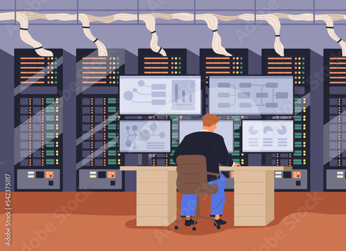 Big data analysis, information technology, cyber security control concept. Administrator works with statistics, database at multiple monitor computer system in server room. Flat vector illustration