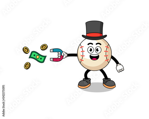 Character Illustration of baseball catching money with a magnet