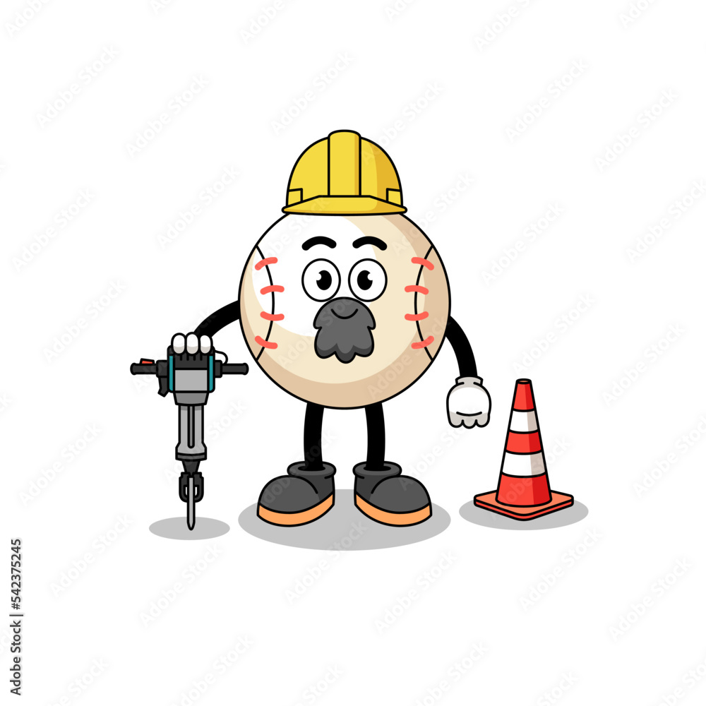 Character cartoon of baseball working on road construction Character cartoon of baseball working on road construction