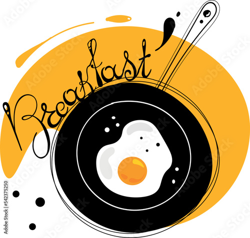 breakfast scrambled eggs in a frying pan, poster for kitchen or cafe