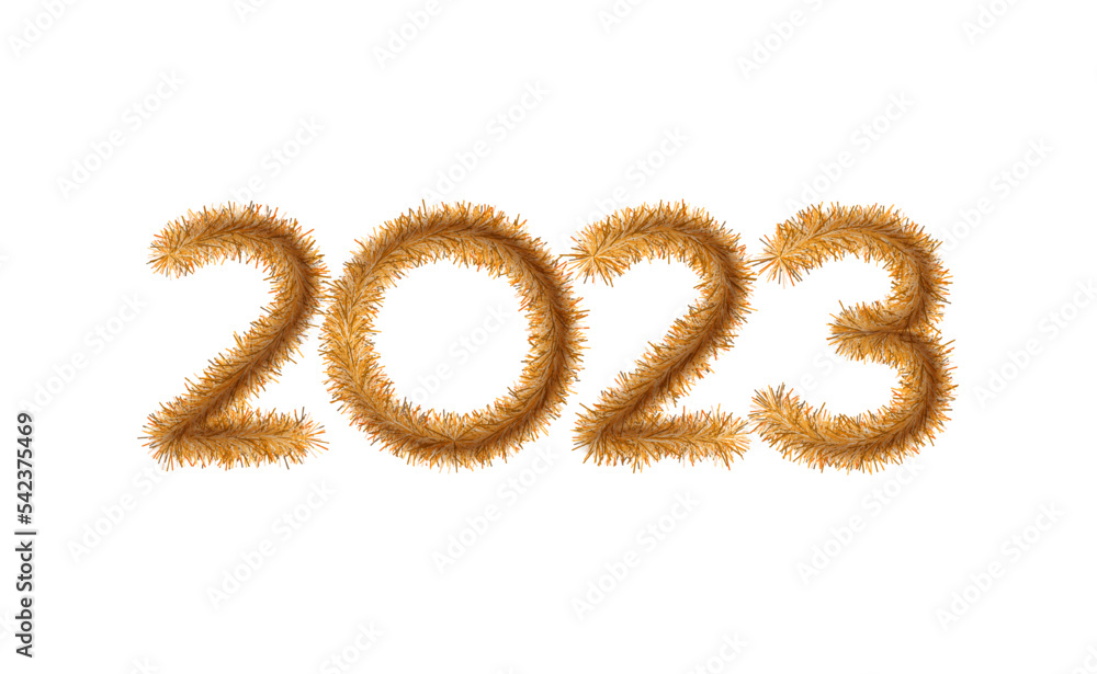 2023 from tinsel. Vector illustration of the symbol of 2023 made of golden tinsel. Sketch for creativity. 2023 from tinsel. Vector illustration of the symbol of 2023 made of golden tinsel. Sketch for creativity.