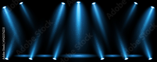 Blue light beams on black background