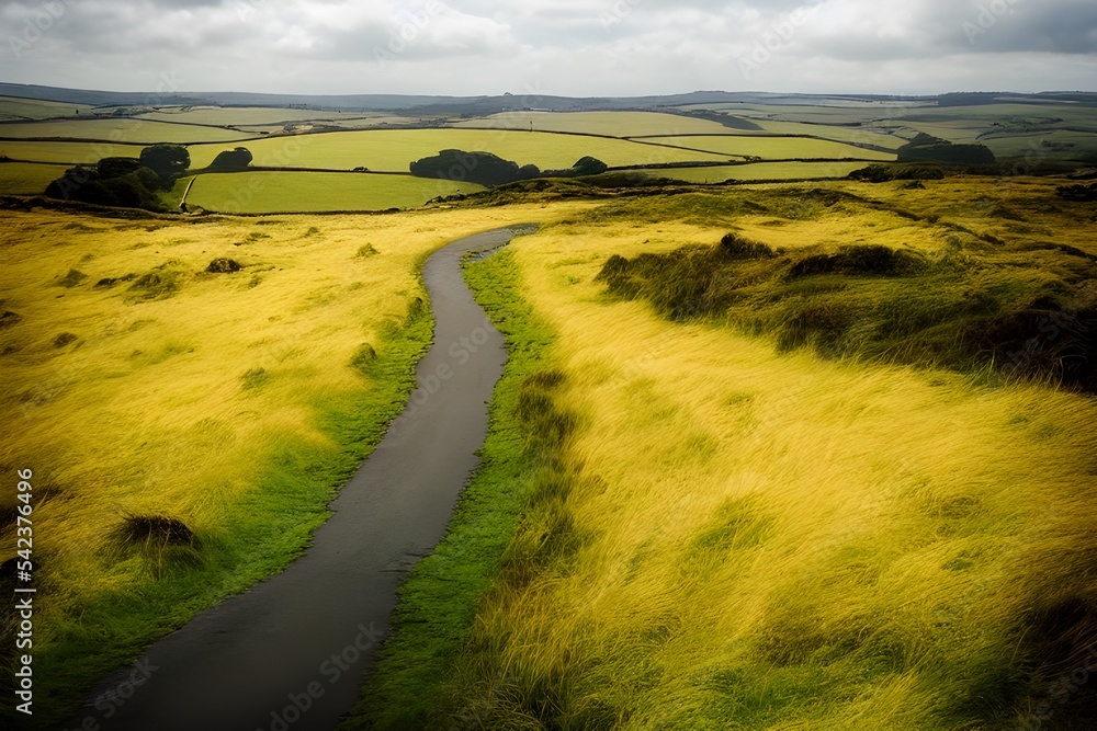 Obraz premium A winding road through moorland. 