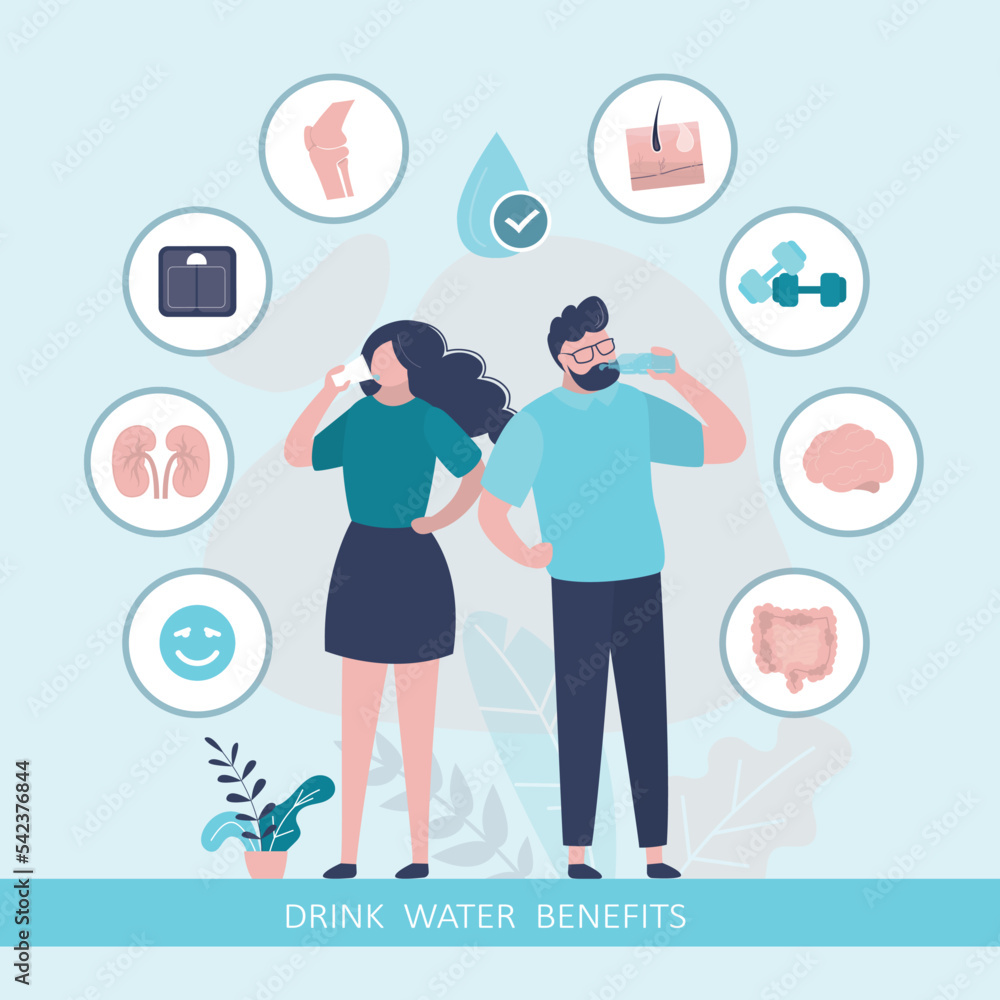 People drink water, infographic about benefits of drinking pure water regularly. Time break, relax process. Pictograms of healthy body parts. Clean water, purifying liquid.