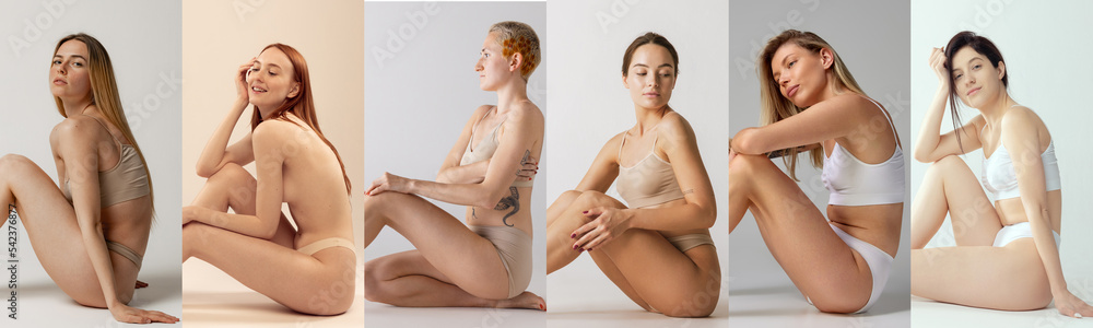 Collage. Different women with slim figure and perfect skin posing in underwear over grey background. Female cosmetology - obrazy, fototapety, plakaty 