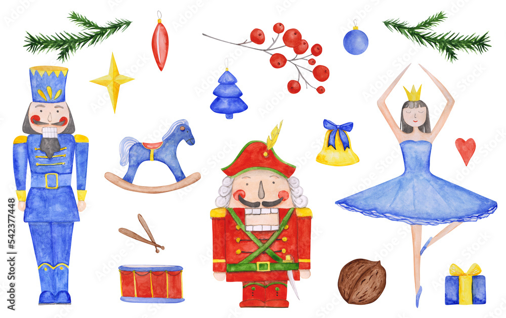 A set of 17 Nutcracker clipart is isolated. Watercolor characters from