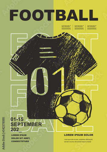 Template Sport Layout Design, soccer football. Football league tournament poster vector illustration. Ball with t shirt football pitch background.