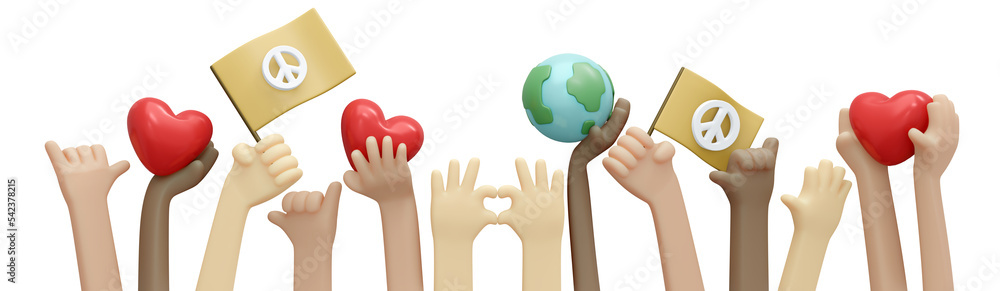 3D Rendering of raising up to protest for peace concept of anti-war stop fighting save the world. 3D Render illustration cartoon style. 3D Rendering of raising up to protest for peace concept of anti-war stop fighting save the world. 3D Render illustration cartoon style.