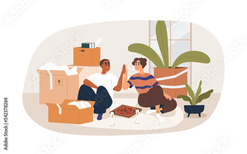Happy couple moved to new home. Family, man and woman on floor, celebrating relocation to house, apartment among cardboard boxes with belongings. Flat vector illustration isolated on white background