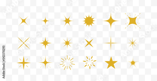 Sparks and stars. Set of gold stars and sparkles isolated on white background. Sparkles symbols.