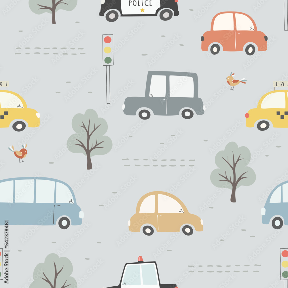 Seamless pattern with cute cars, traffic lights, trees and birds.