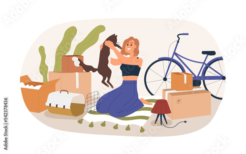 Happy girl moved to new house with cat. Young woman unpacking belongings from cardboard boxes, packages after relocation to apartment, home. Flat vector illustration isolated on white background