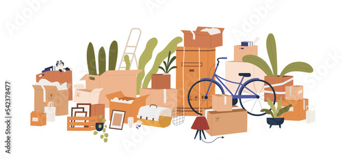 Belongings packed in cardboard boxes. Personal stuff in carton packages stack for relocation, moving to new house. Heap, plenty of cartons. Flat vector illustration isolated on white background