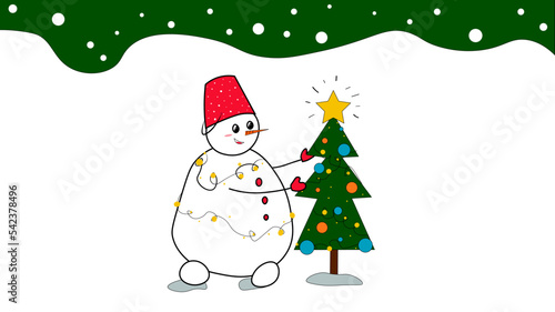 New Year's illustration. winter illustration. snowman, gift, Christmas tree. greeting card, banner, vector illustration