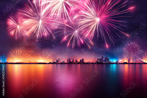 Fireworks over the night city happy new year 2023 wallpaper background. use text. photo