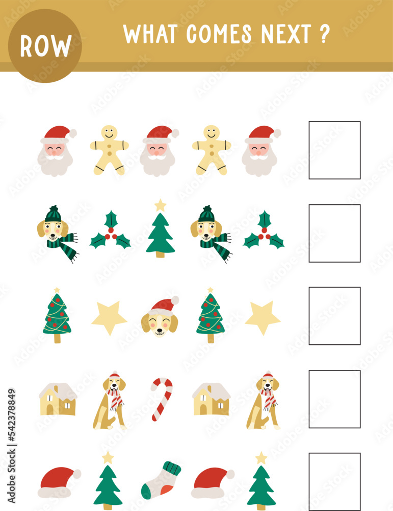 Fototapeta premium Christmas winter cute printable worksheet, activity page, activity sheet for kids, preschool, teachers. Cute dogs, educational, Santa, dachshund, golden retriever, kids. Row. What comes next.
