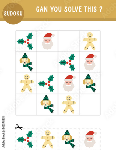 Christmas winter cute printable Sudoku, activity page, activity sheet for kids, preschool, teachers. Cute dogs, Gingerbread man, Santa, educational. Cut and glue.