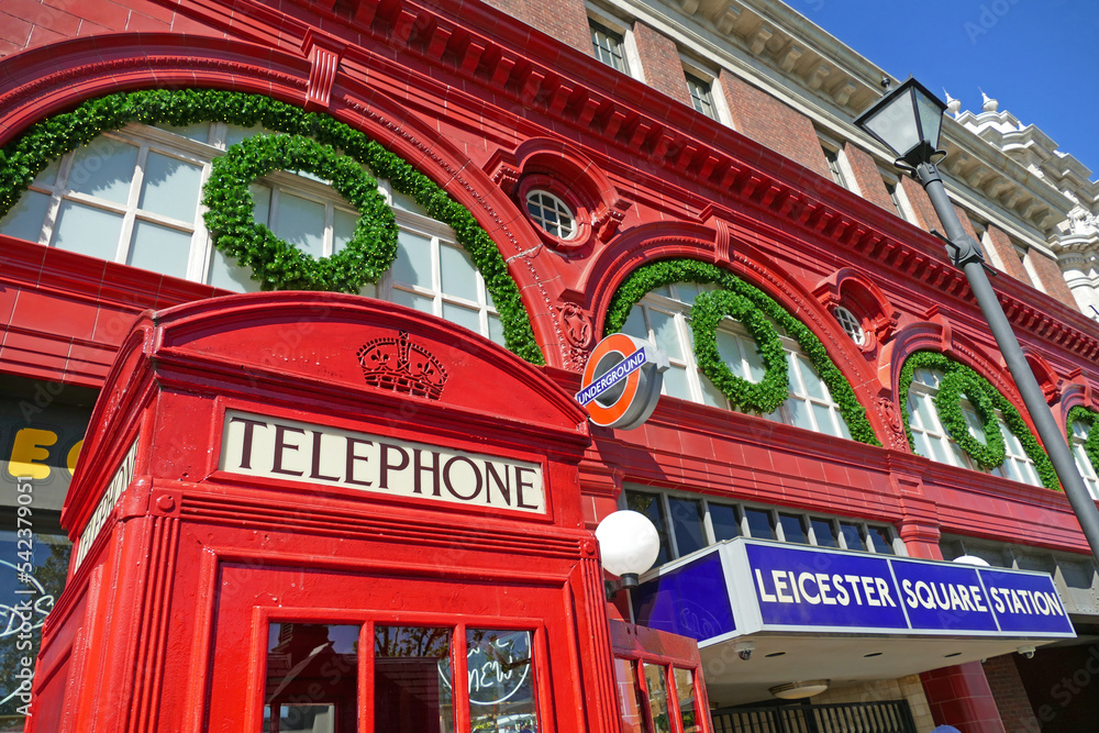 Naklejka premium Famous red phone box infront of Leicester Square Station in Universal Studios, Orlando where Hogwarts Express is departing