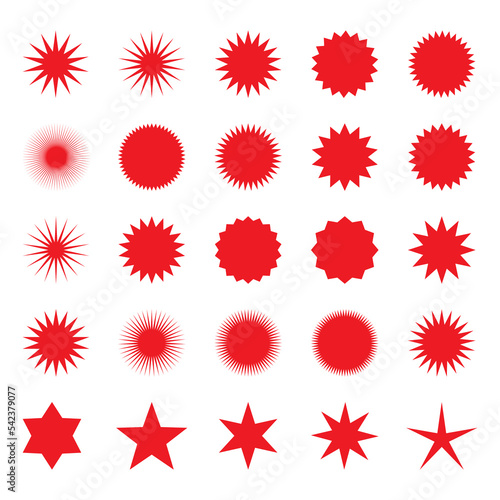 Star burst shapes. Vector brightness red bursting stars symbols isolated on white background for circle badges and prices.